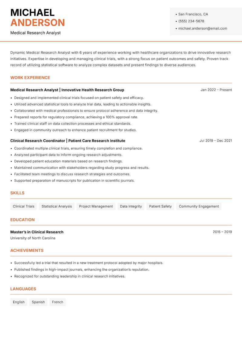 Medical Research Analyst resume sample — Medical Research Analyst focus