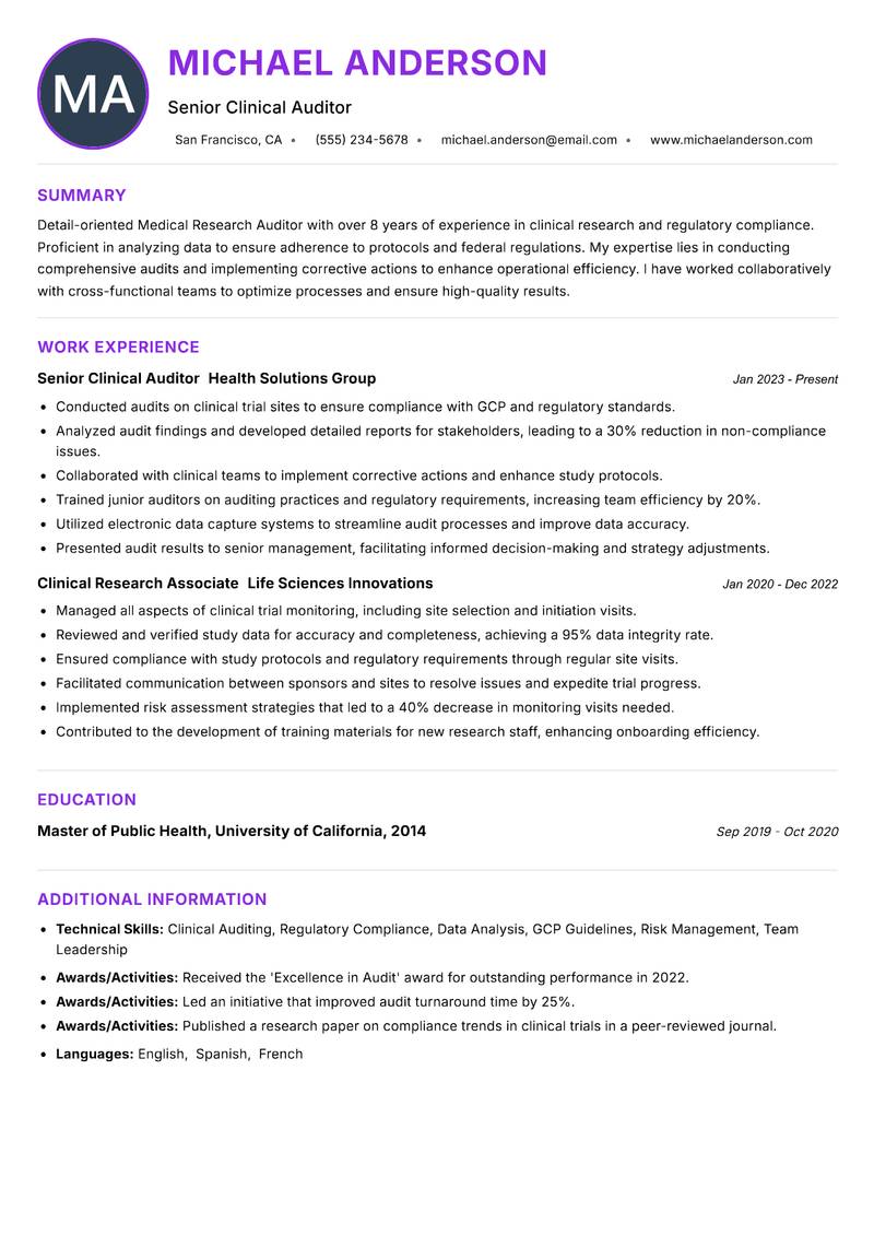 Medical Research Auditor resume example