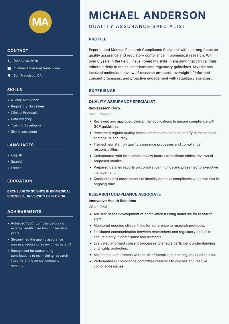 Medical Research Compliance Specialist resume sample — Quality Assurance Specialist focus