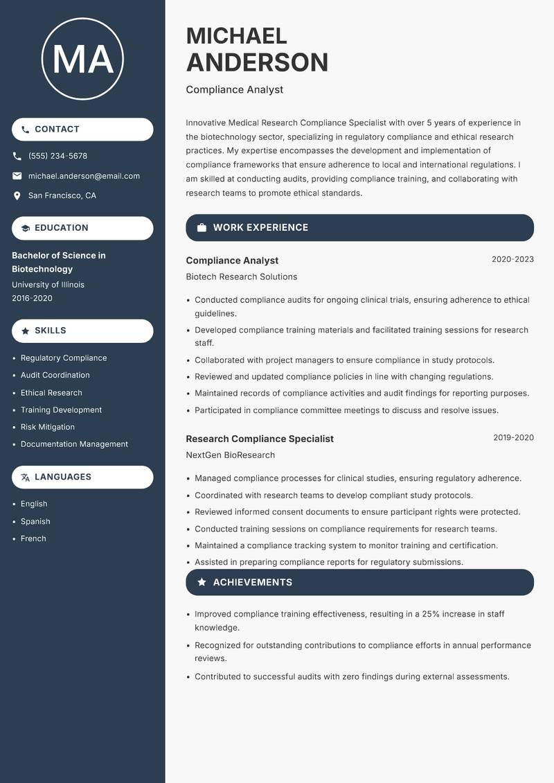 Medical Research Compliance Specialist resume sample — Compliance Analyst focus