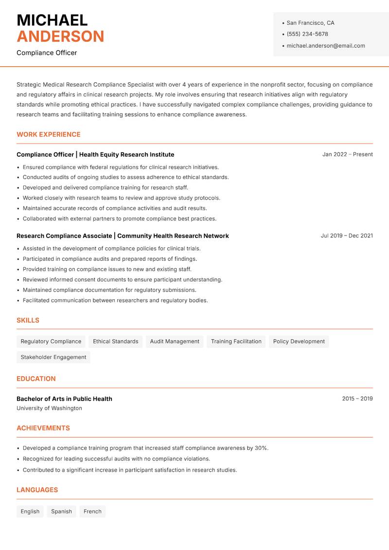 Medical Research Compliance Specialist resume sample — Compliance Officer focus