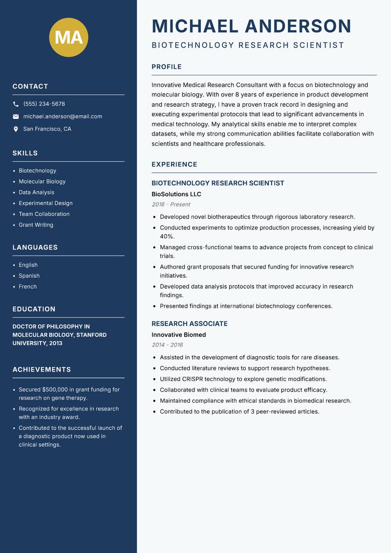 Medical Research Consultant resume sample — Biotechnology Research Scientist focus