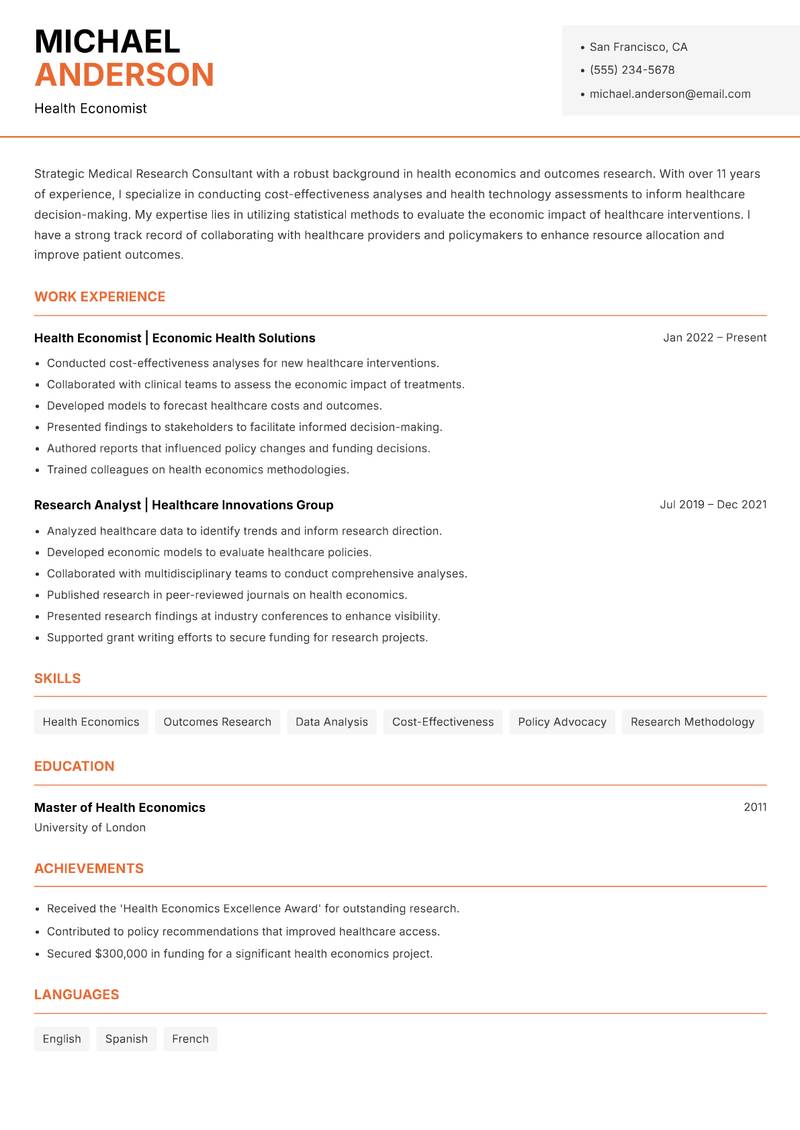 Medical Research Consultant resume sample — Health Economist focus