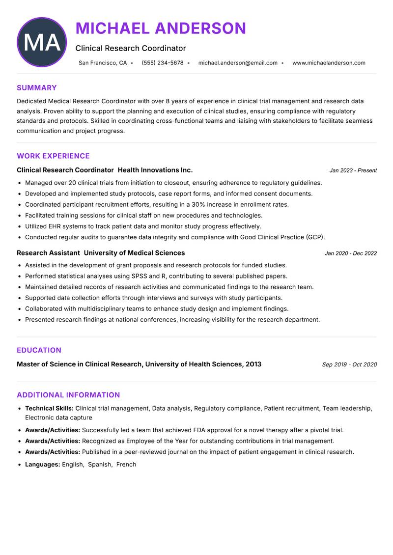 Medical Research Coordinator resume example