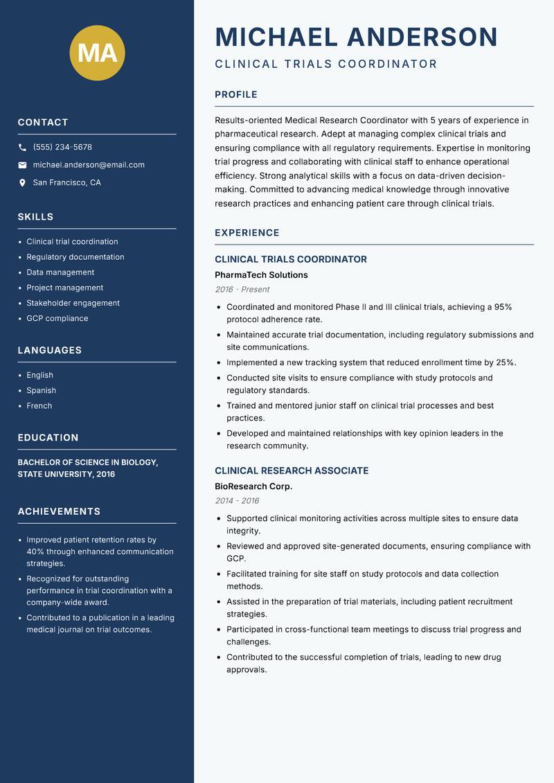 Medical Research Coordinator resume sample — Clinical Trials Coordinator focus