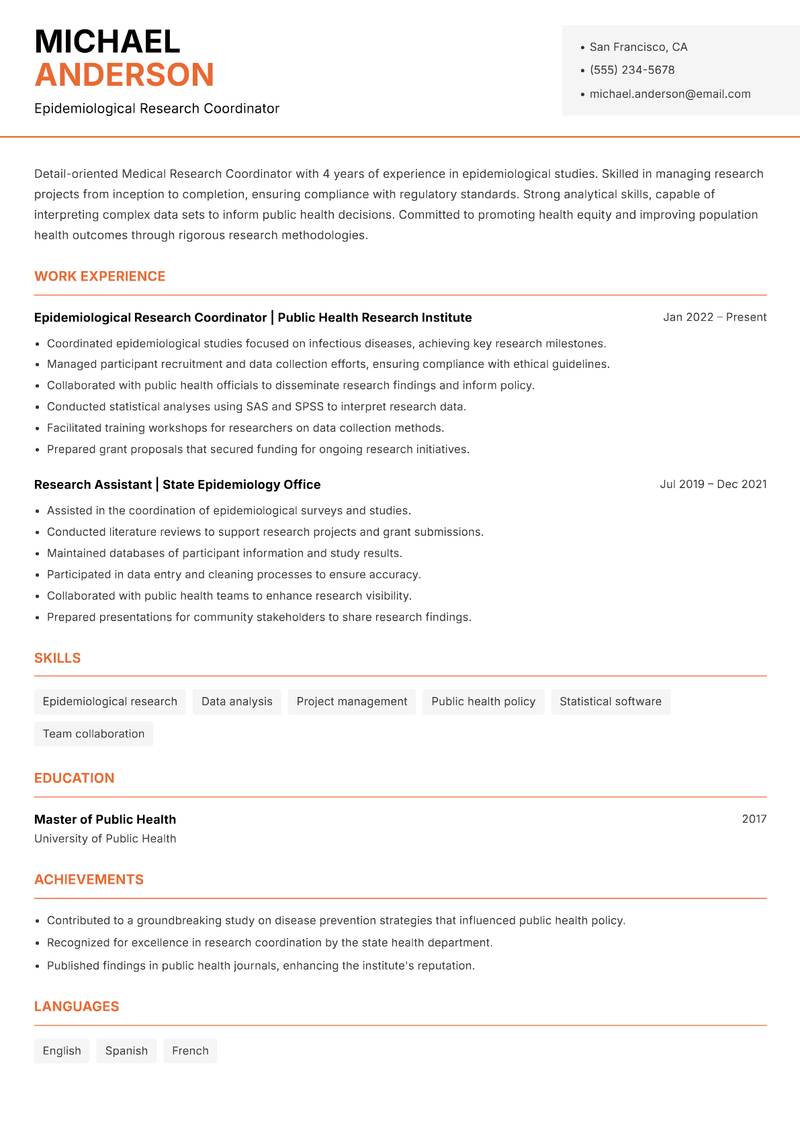 Medical Research Coordinator resume sample — Epidemiological Research Coordinator focus