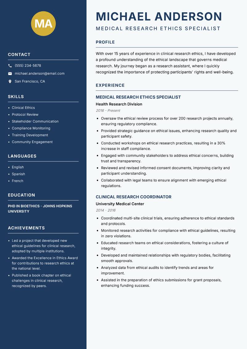 Medical Research Ethics Specialist resume sample — Medical Research Ethics Specialist focus