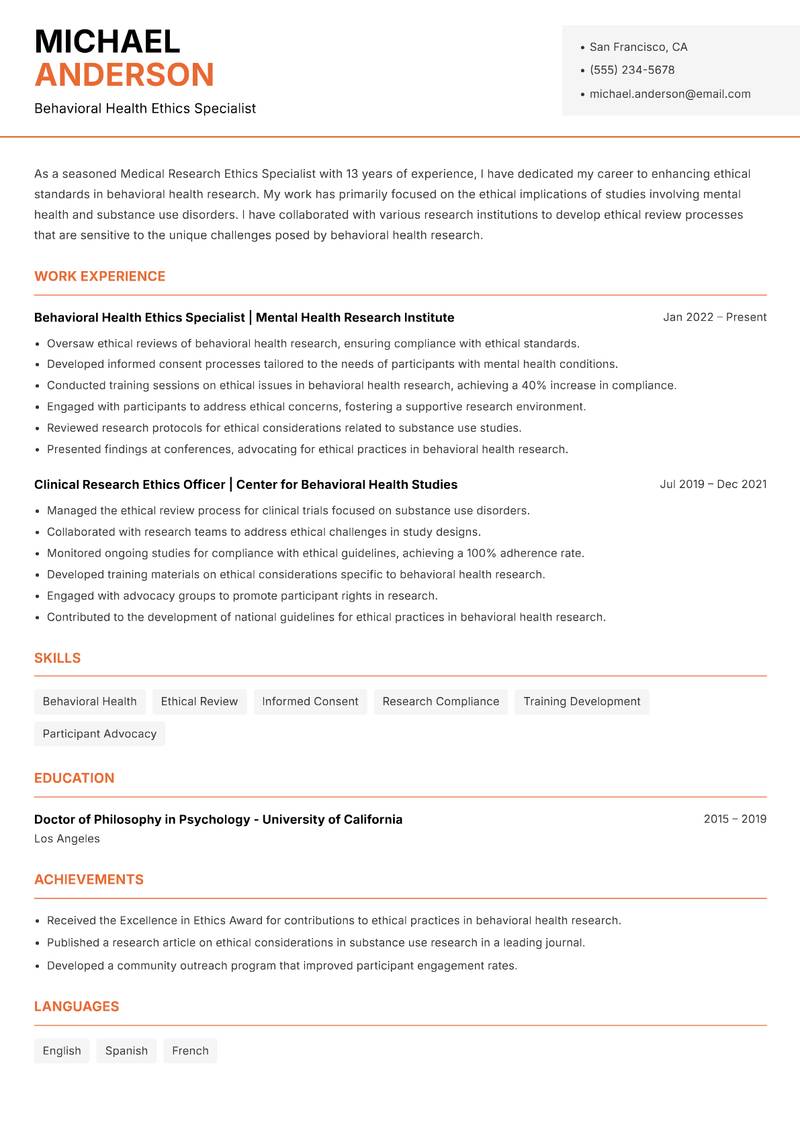 Medical Research Ethics Specialist resume sample — Behavioral Health Ethics Specialist focus