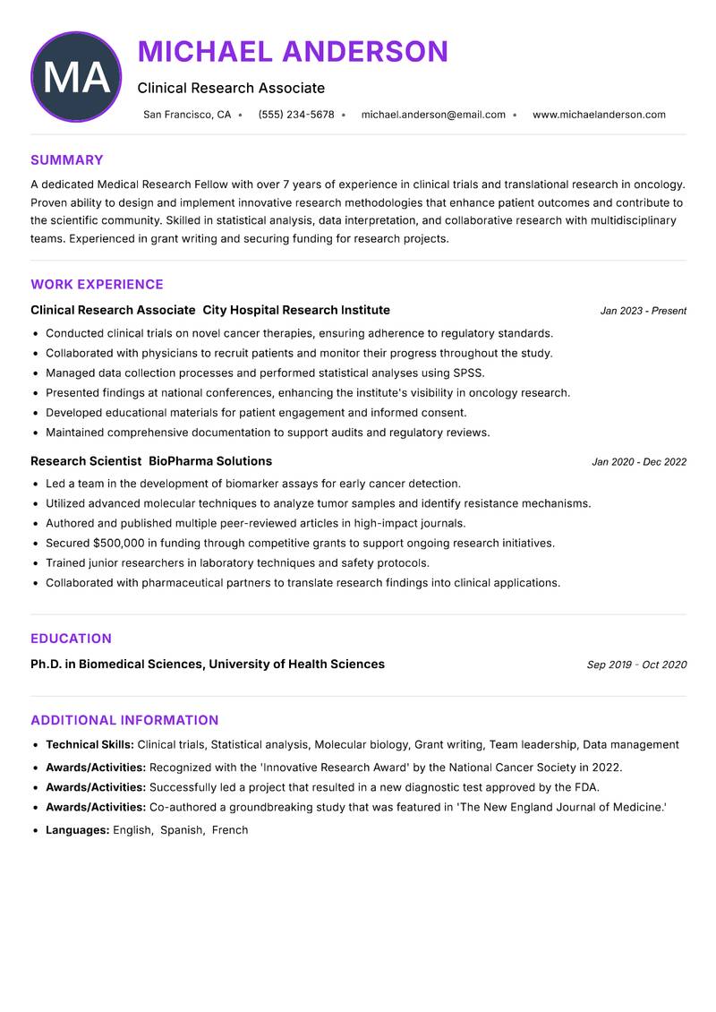 Medical Research Fellow resume example
