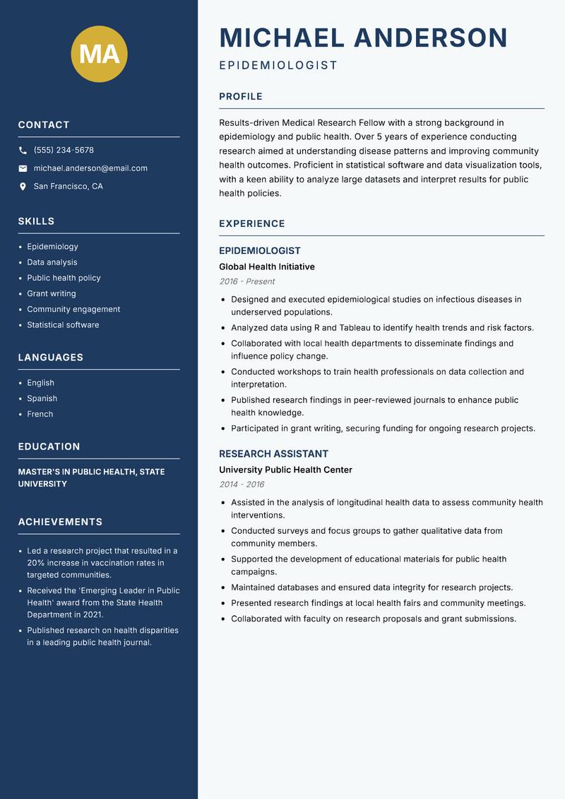 Medical Research Fellow resume sample — Epidemiologist focus
