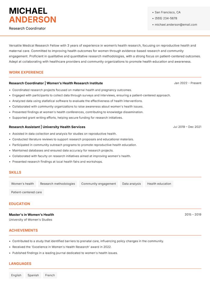 Medical Research Fellow resume sample — Research Coordinator focus