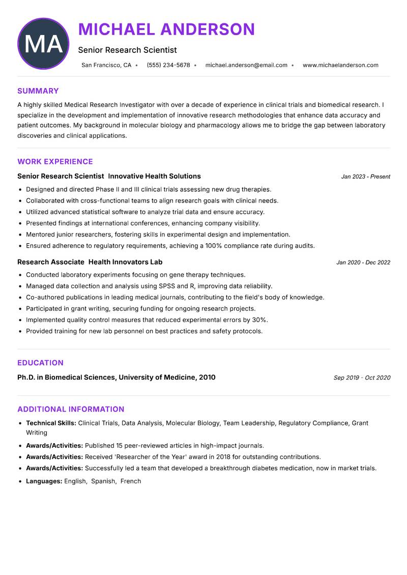 Medical Research Investigator resume example