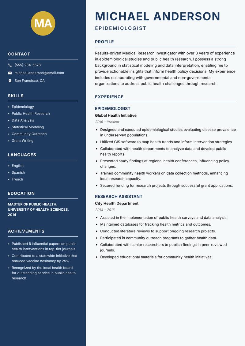 Medical Research Investigator resume sample — Epidemiologist focus