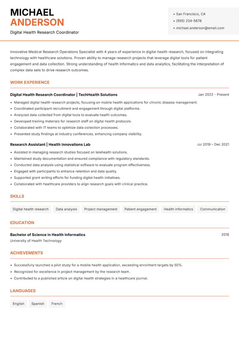 Medical Research Operations Specialist resume sample — Digital Health Research Coordinator focus