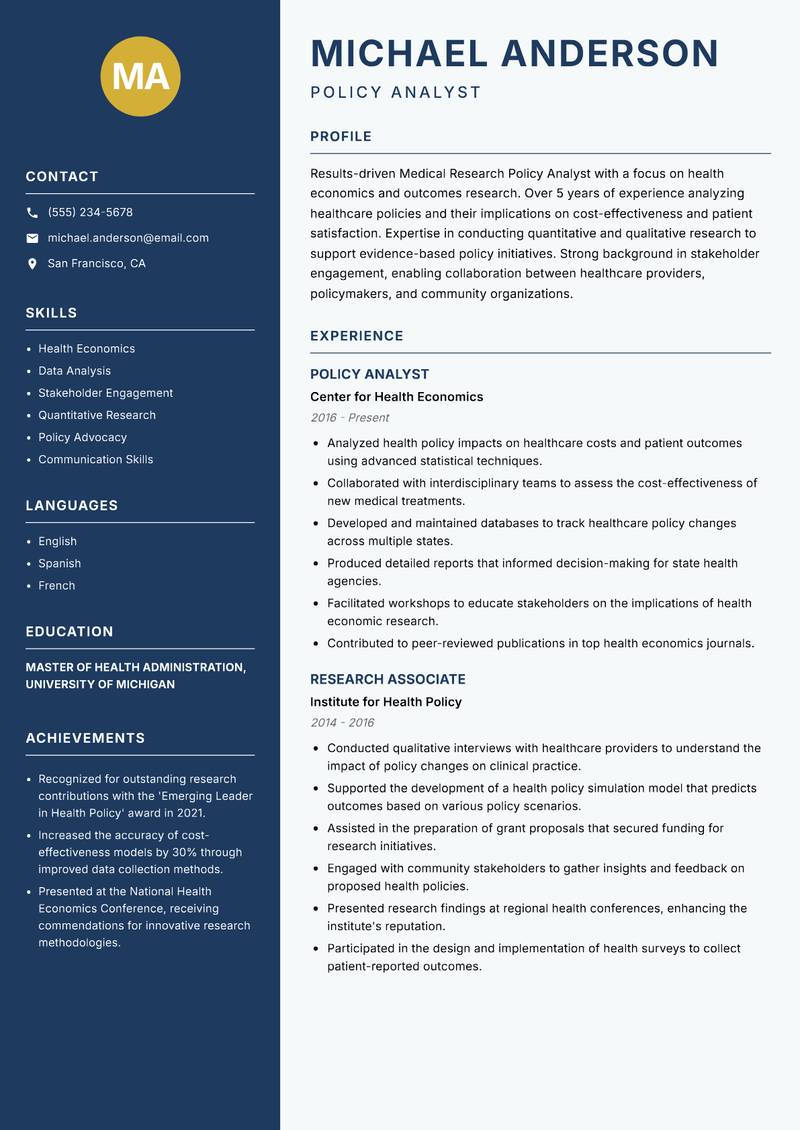 Medical Research Policy Analyst resume sample — Policy Analyst focus