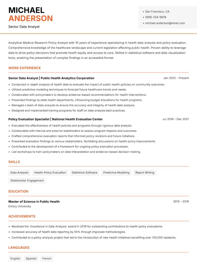 Medical Research Policy Analyst resume sample — Senior Data Analyst focus