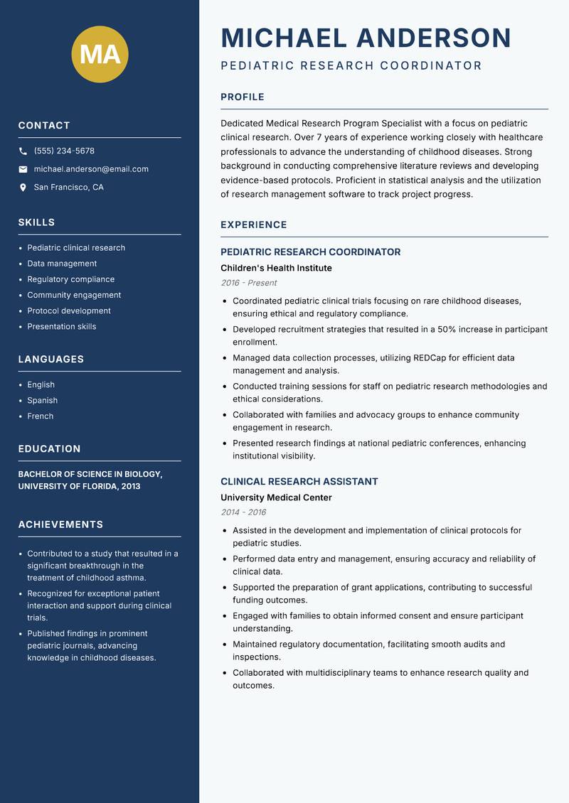 Medical Research Program Specialist resume sample — Pediatric Research Coordinator focus