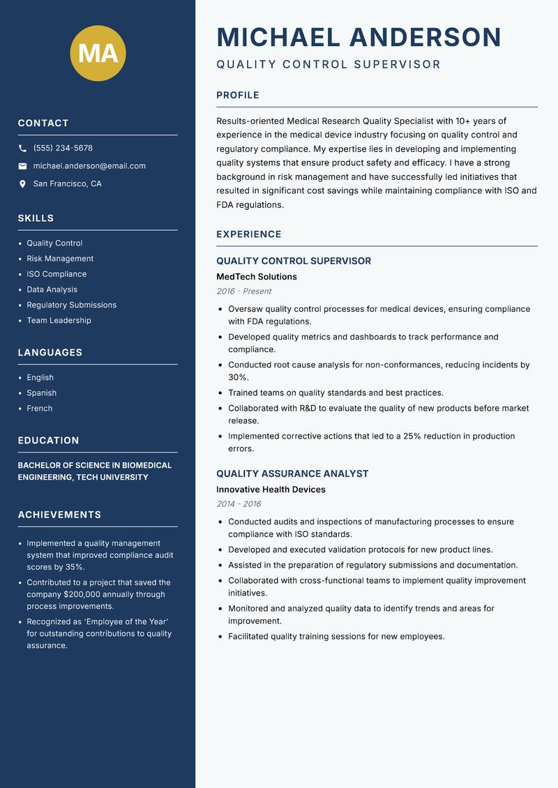Medical Research Quality Specialist resume sample — Quality Control Supervisor focus