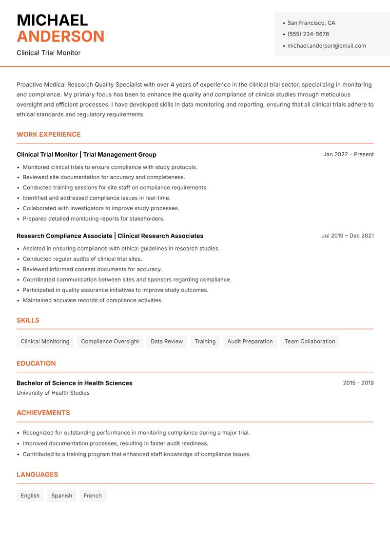 Medical Research Quality Specialist resume sample — Clinical Trial Monitor focus