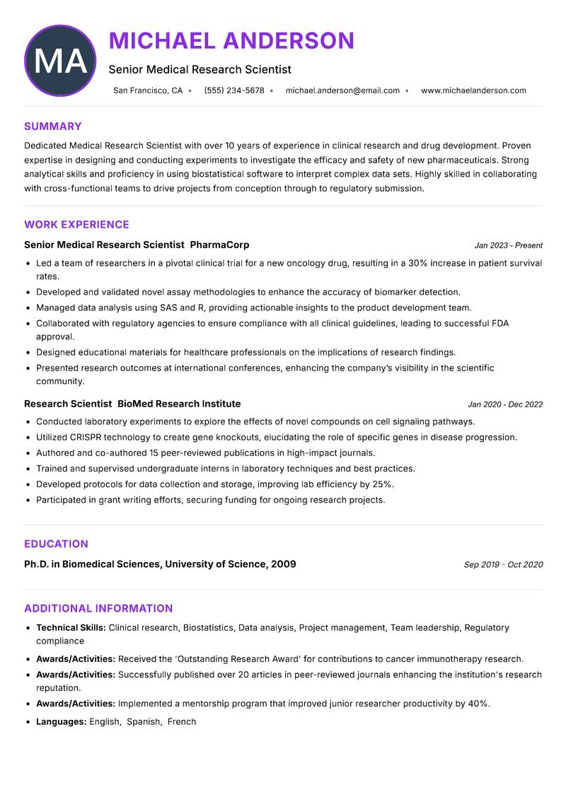 Medical Research Scientist resume example