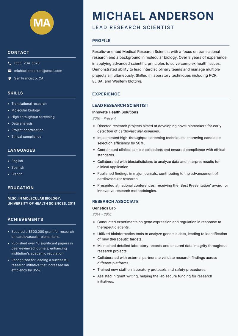 Medical Research Scientist resume sample — Lead Research Scientist focus