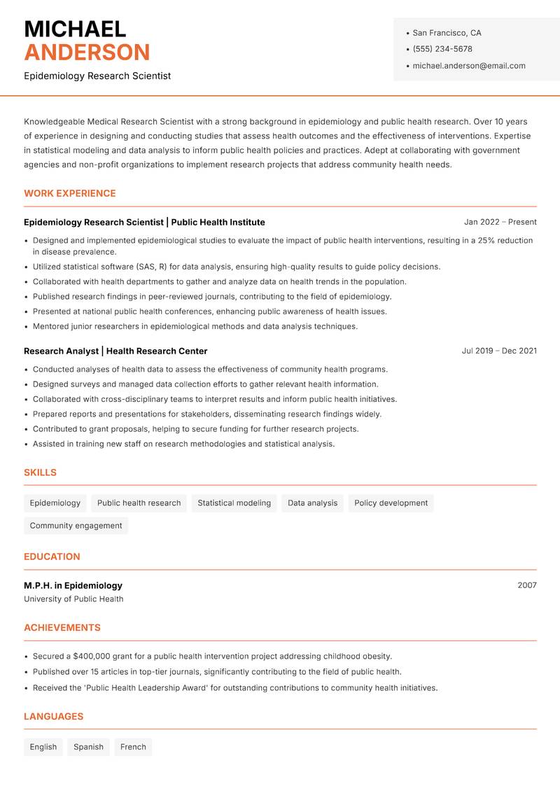 Medical Research Scientist resume sample — Epidemiology Research Scientist focus