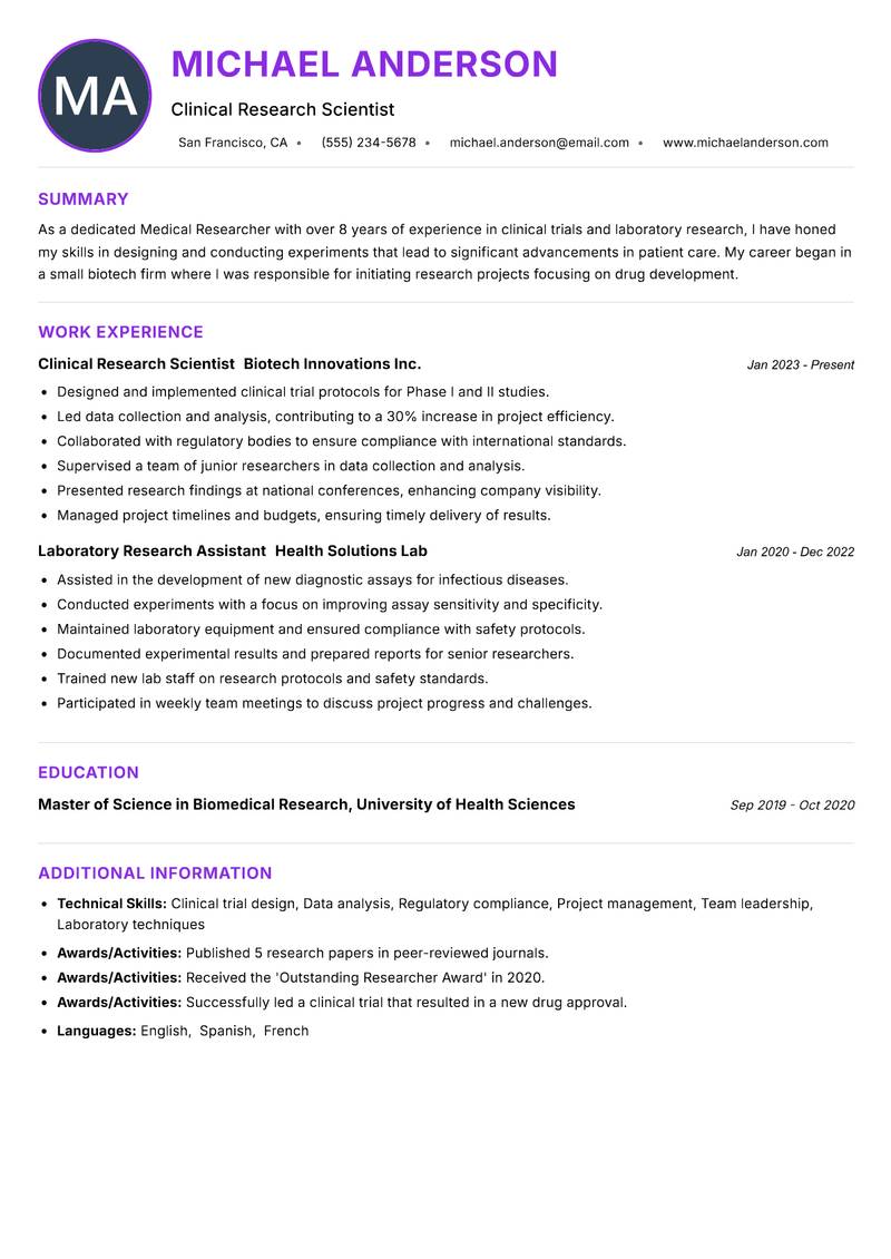 Medical Researcher resume example