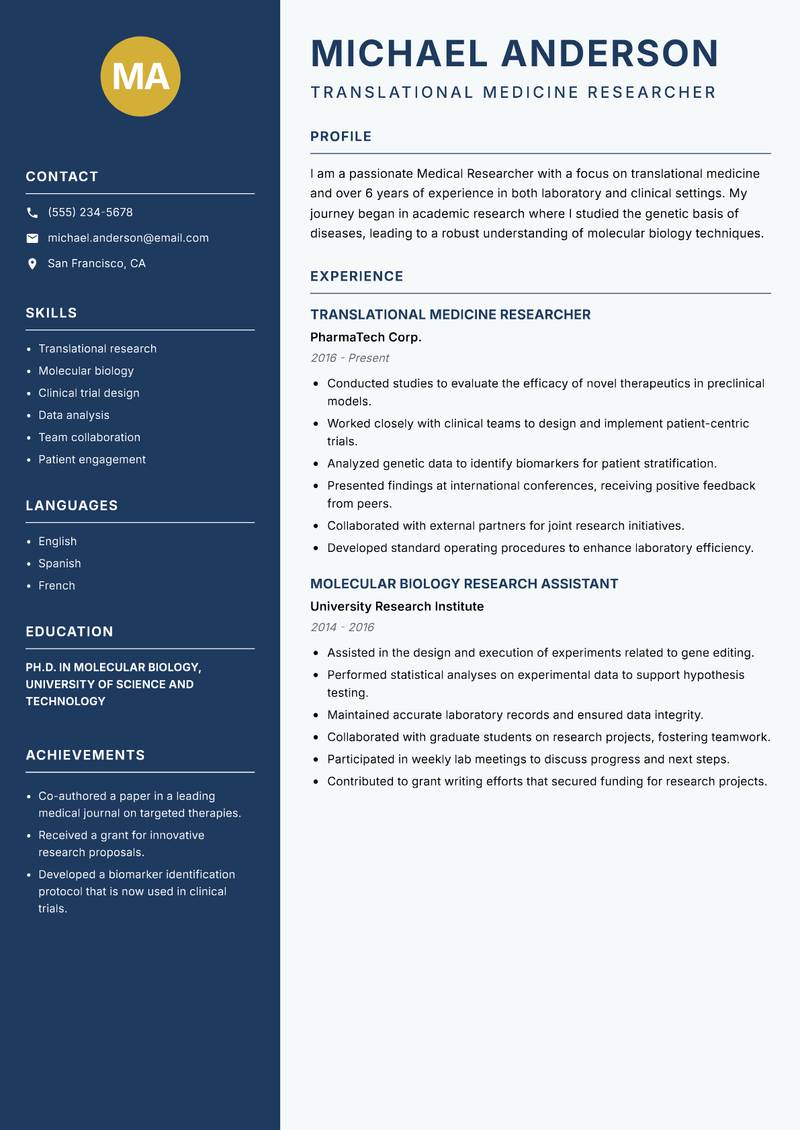 Medical Researcher resume sample — Translational Medicine Researcher focus