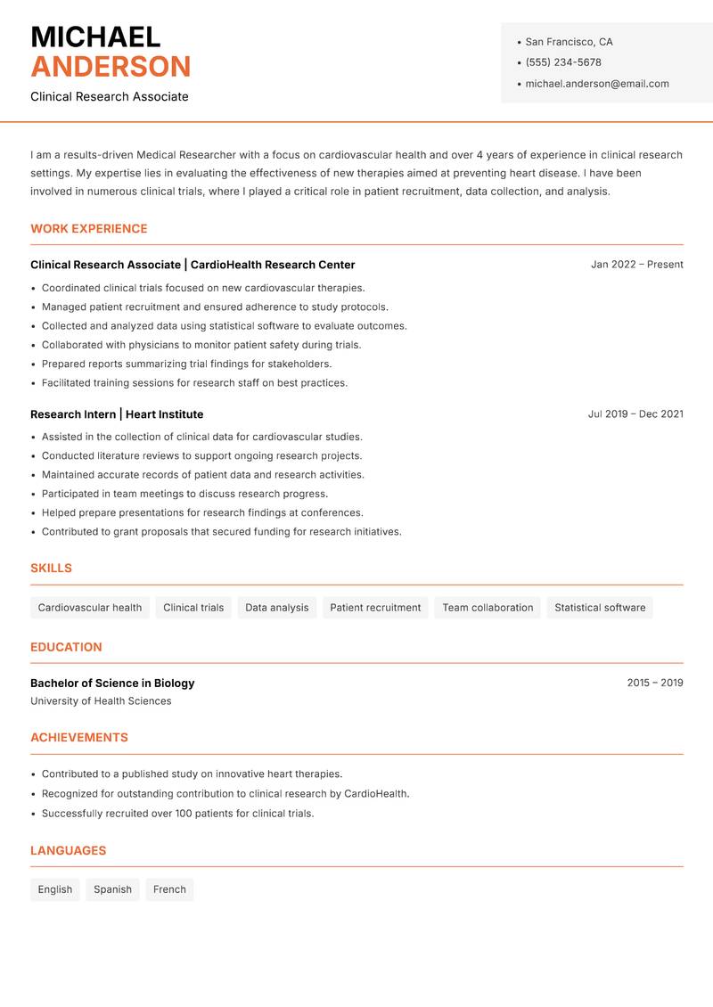 Medical Researcher resume sample — Clinical Research Associate focus