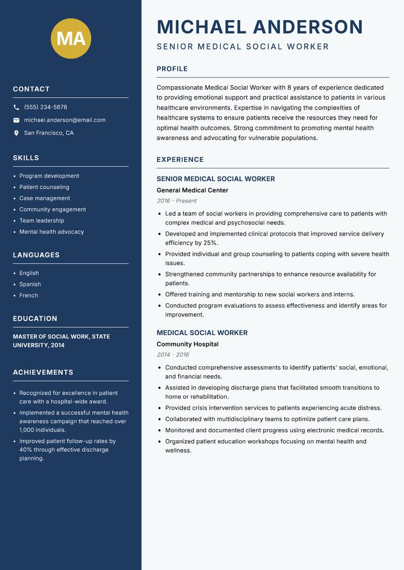 Medical Social Worker resume sample — Senior Medical Social Worker focus