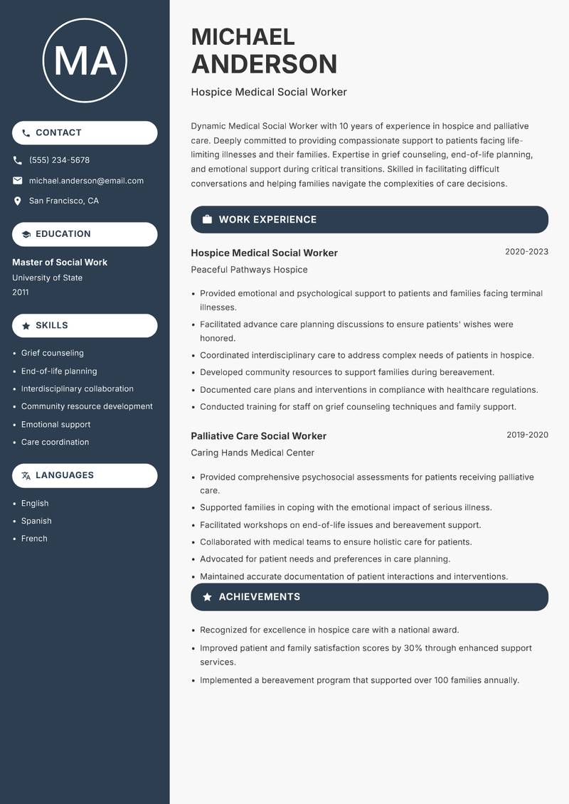 Medical Social Worker resume sample — Hospice Medical Social Worker focus