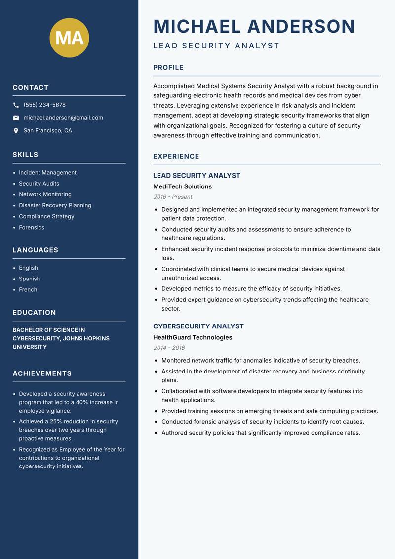 Medical Systems Security Analyst resume sample — Lead Security Analyst focus