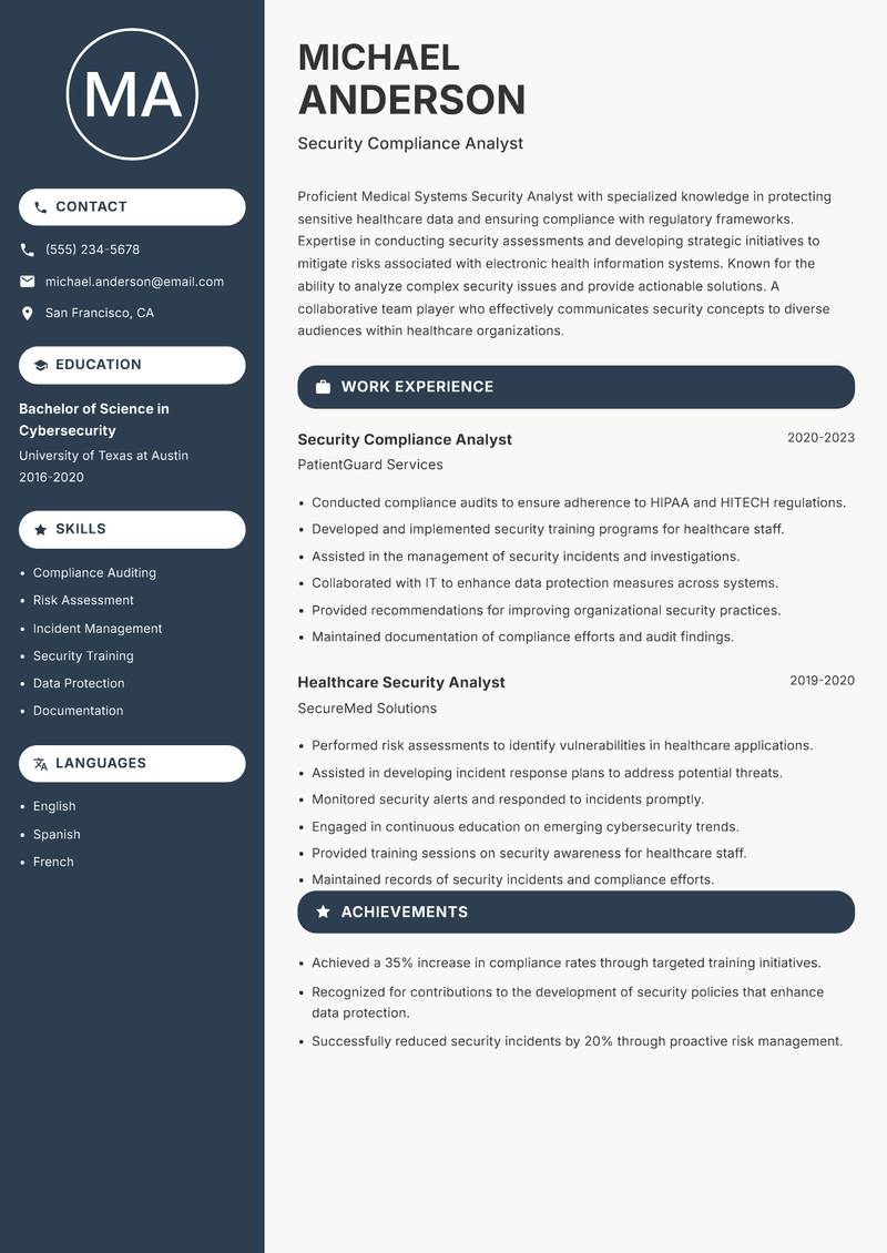 Medical Systems Security Analyst resume sample — Security Compliance Analyst focus