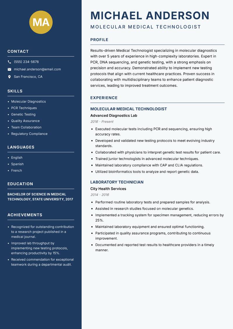 Medical Technologist resume sample — Molecular Medical Technologist focus