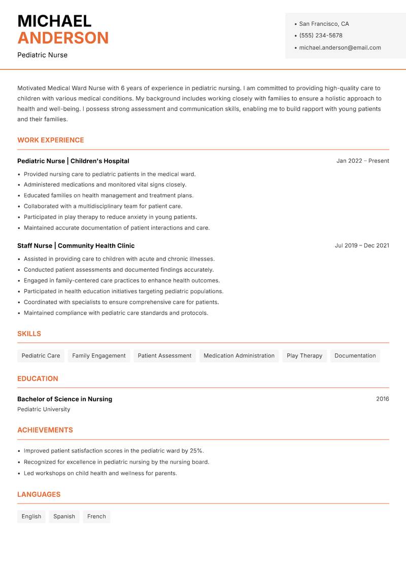 Medical Ward Nurse resume sample — Pediatric Nurse focus
