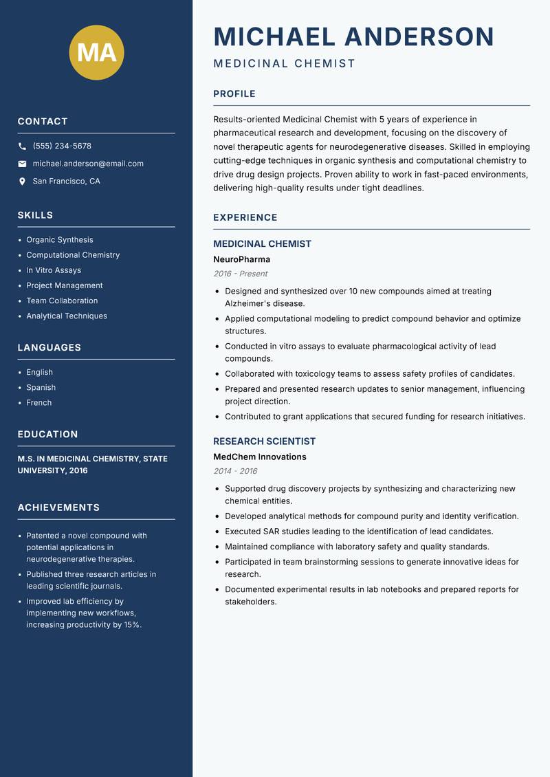 Medicinal Chemist resume sample — Medicinal Chemist focus