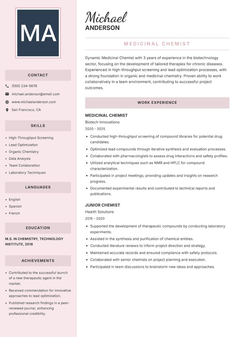 Medicinal Chemist resume sample — Medicinal Chemist focus