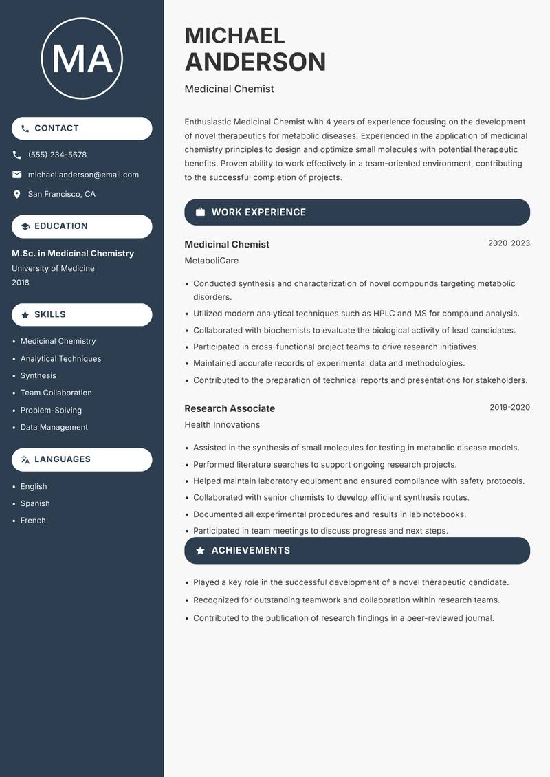 Medicinal Chemist resume sample — Medicinal Chemist focus