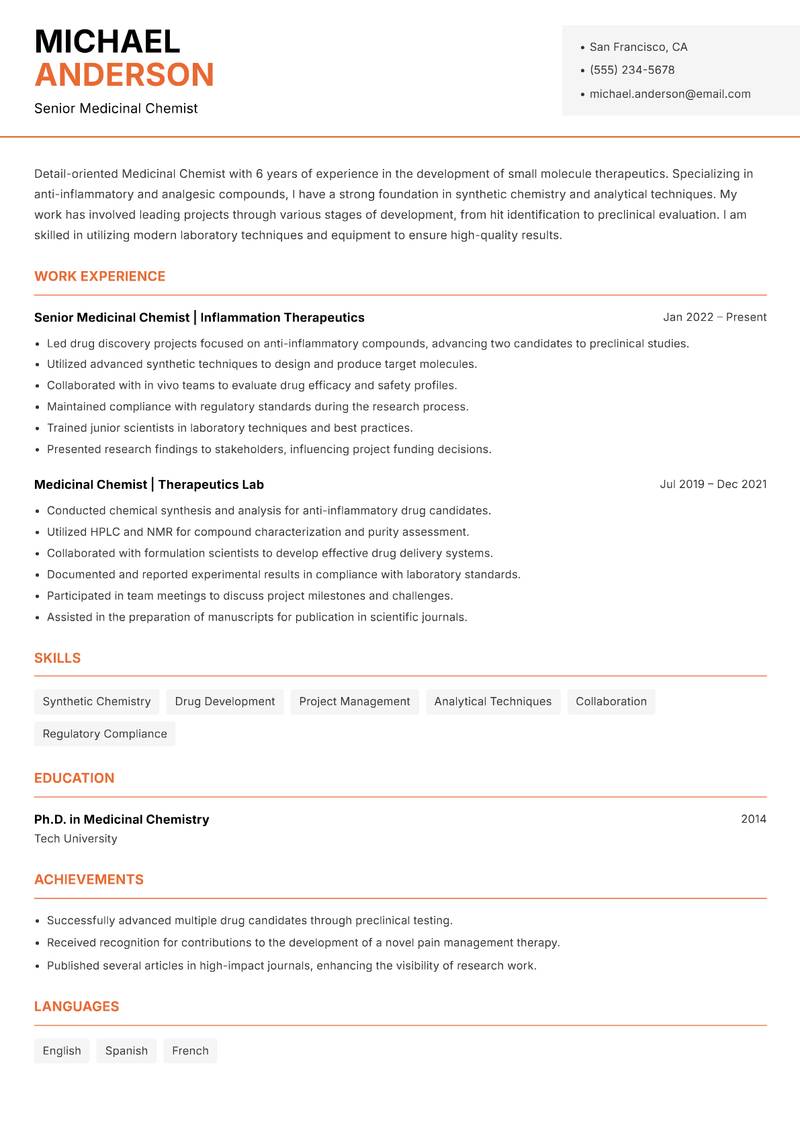 Medicinal Chemist resume sample — Senior Medicinal Chemist focus