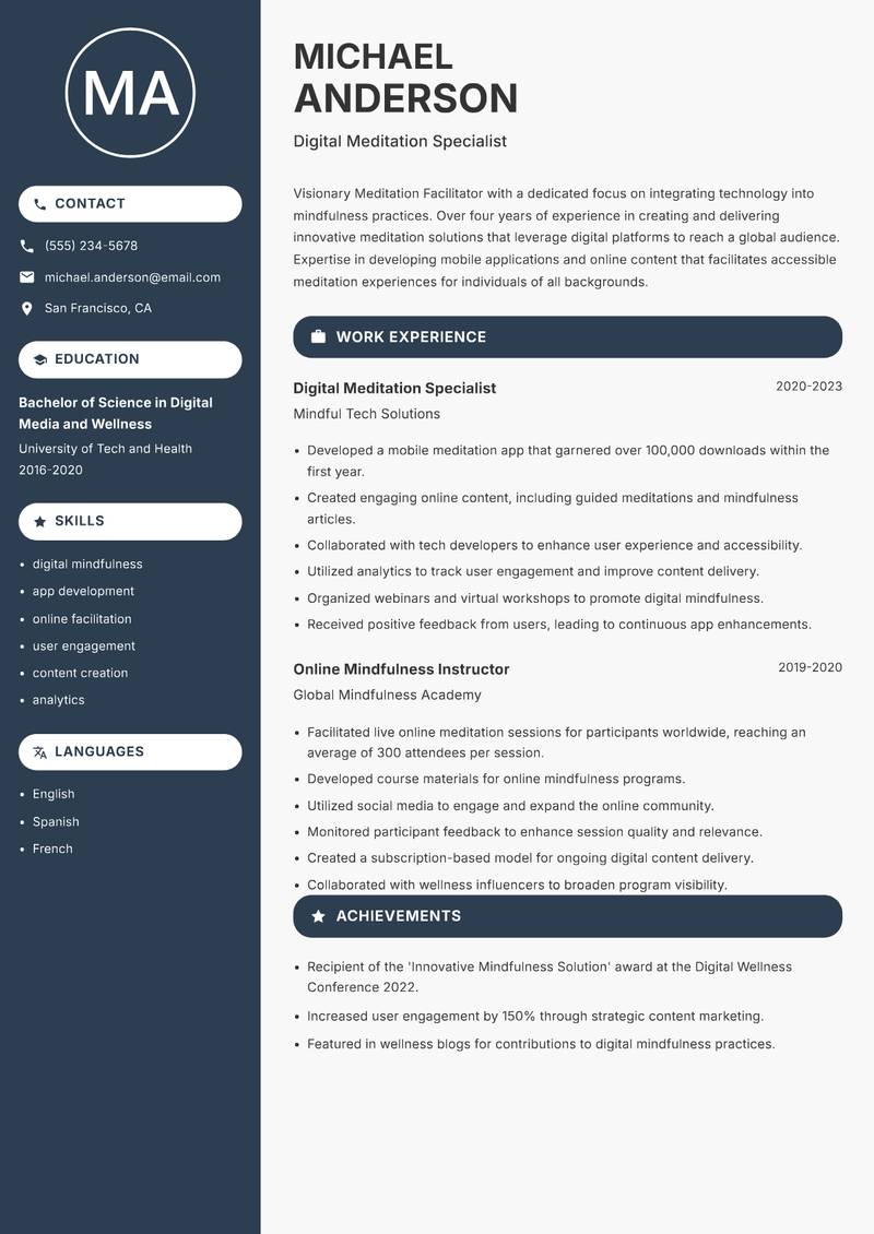 Meditation Facilitator resume sample — Digital Meditation Specialist focus