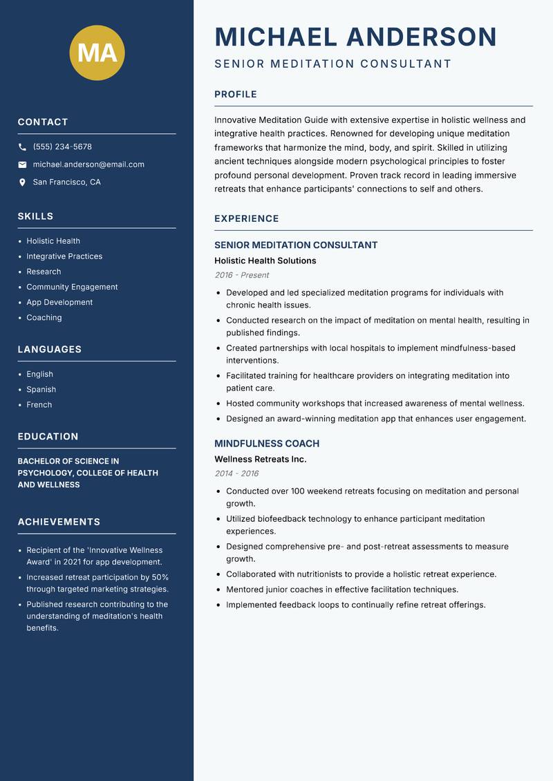Meditation Guide resume sample — Senior Meditation Consultant focus