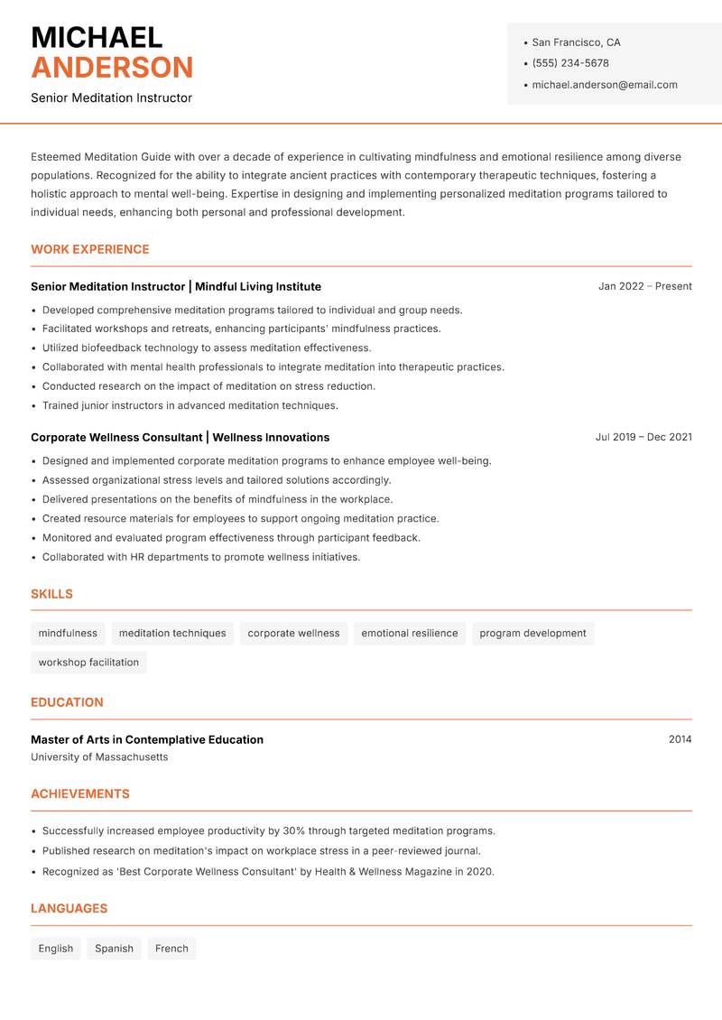 Meditation Guide resume sample — Senior Meditation Instructor focus