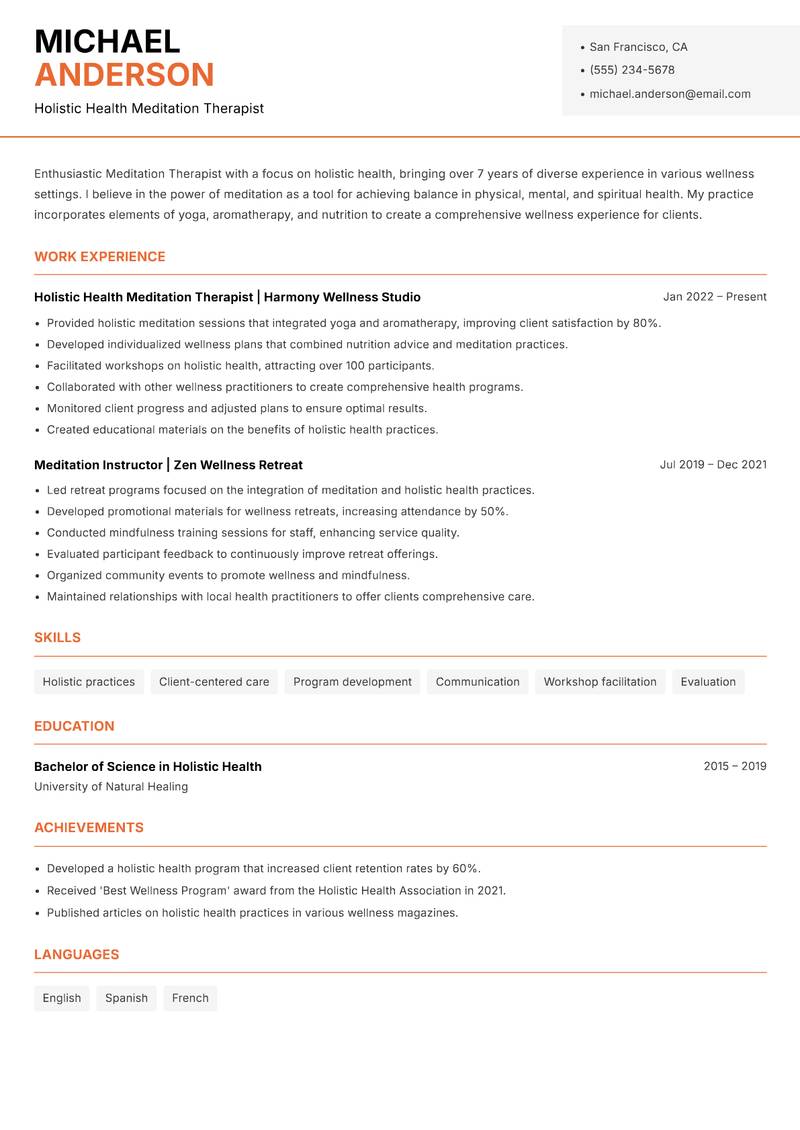 Meditation Therapist resume sample — Holistic Health Meditation Therapist focus