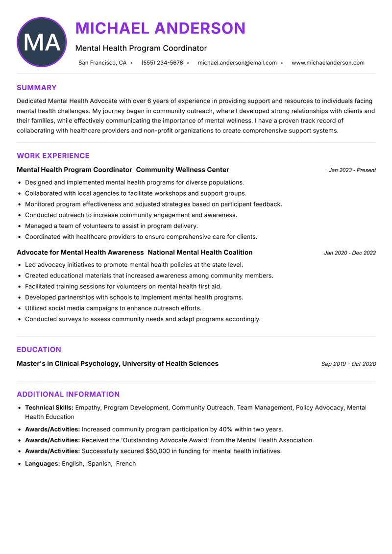 Mental Health Advocate resume example