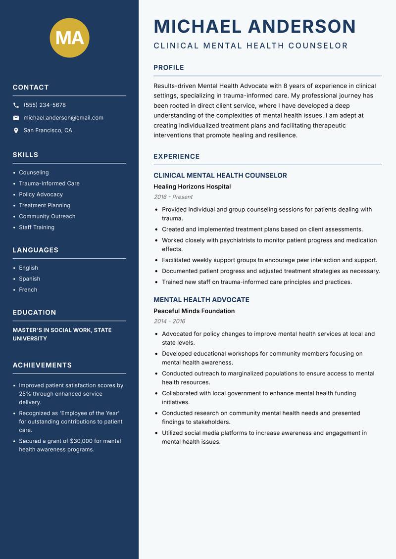 Mental Health Advocate resume sample — Clinical Mental Health Counselor focus