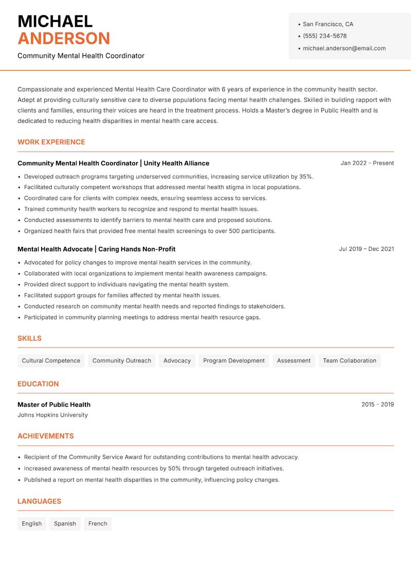 Mental Health Care Coordinator resume sample — Community Mental Health Coordinator focus