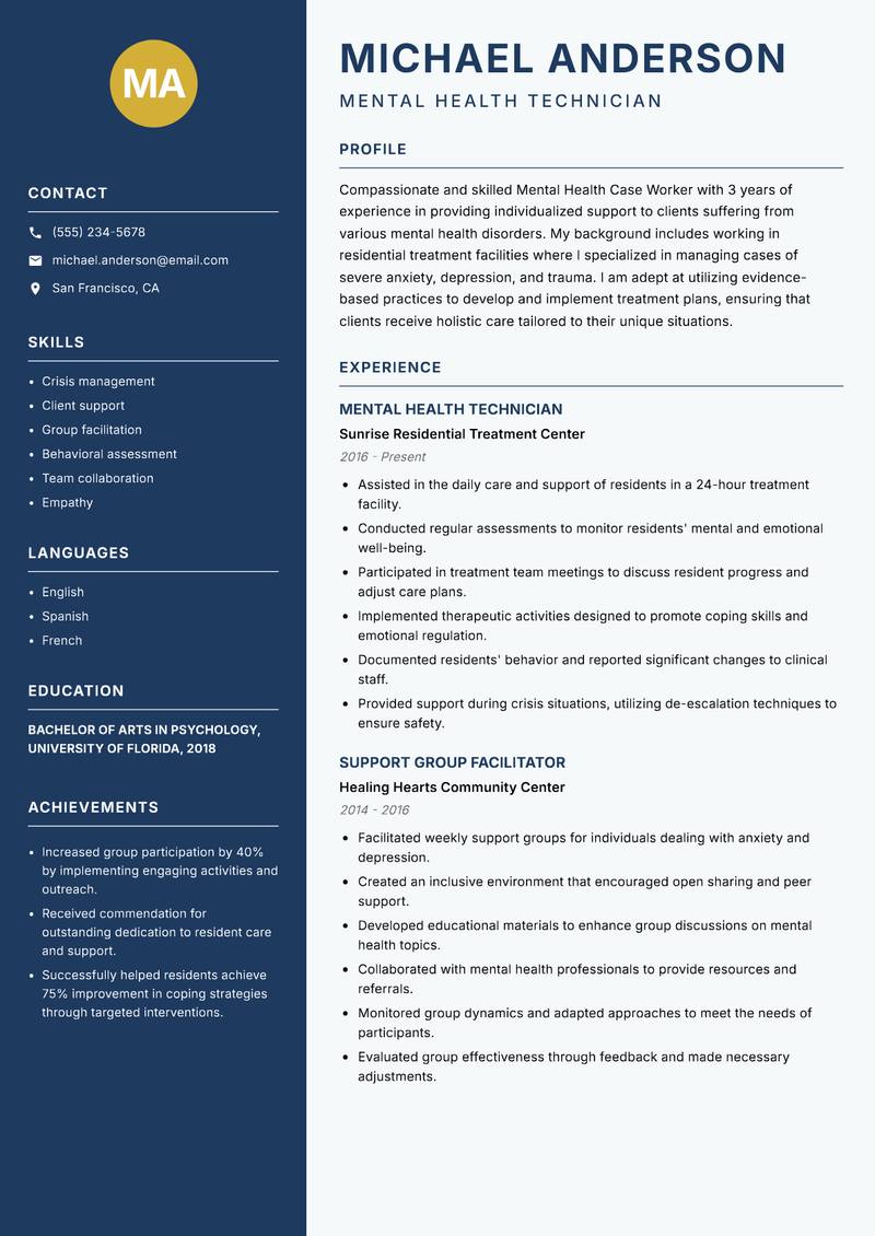 Mental Health Case Worker resume sample — Mental Health Technician focus