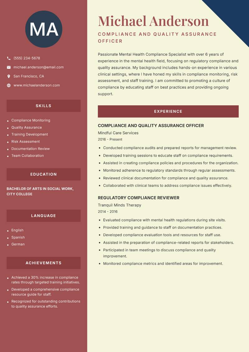 Mental Health Compliance Specialist resume sample — Compliance and Quality Assurance Officer focus