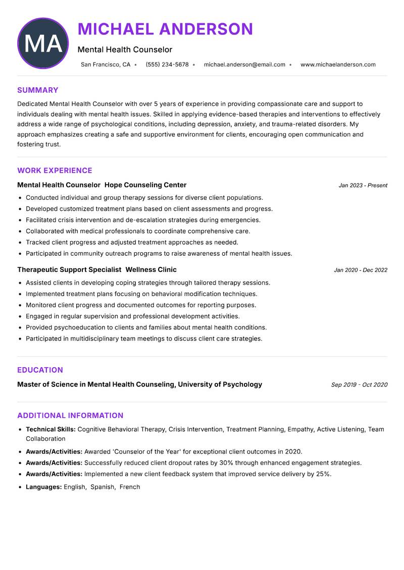 Mental Health Counselor resume example