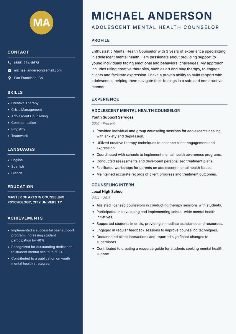 Mental Health Counselor resume sample — Adolescent Mental Health Counselor focus